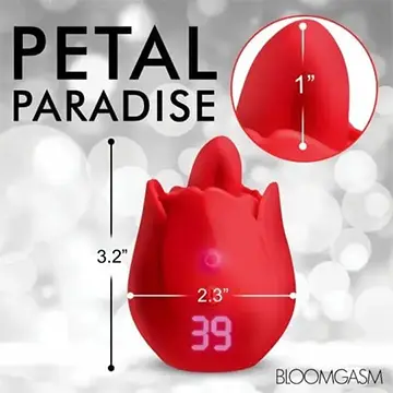 Red rose-shaped toy with measurements.