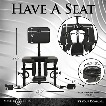 Black leather bondage chair with restraints.