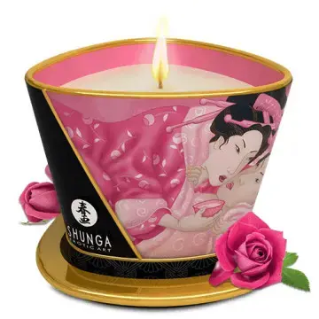 Pink candle with a geisha illustration.