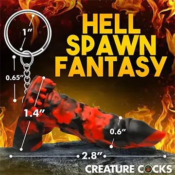 Red and black rubber keychain with flames.