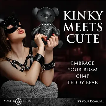 A woman in a mask holds a teddy bear.