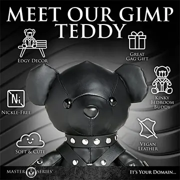 Black leather teddy bear with metal accents.