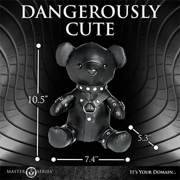 Black leather teddy bear with a collar.