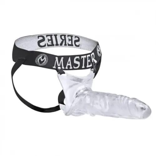 Clear silicone dildo with harness.