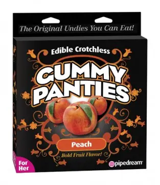 Edible peach-flavored crotchless panty packaging.