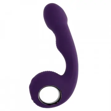 A purple sex toy is bent to the side.