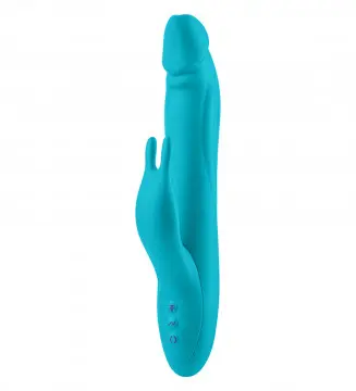 A blue vibrator is shown with the handle extended.
