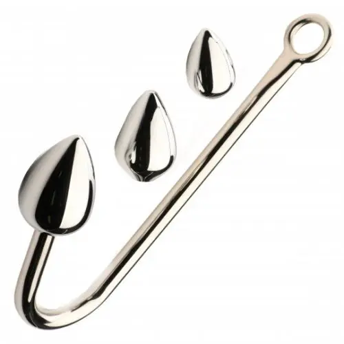 Metal hook with teardrop-shaped attachments.