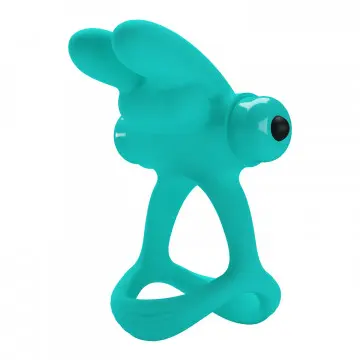 Teal plastic toy with abstract design.