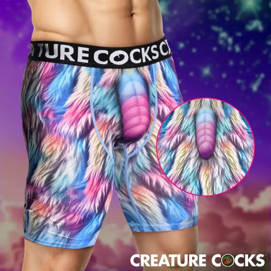 Colorful furry boxer briefs with a playful design and bold waistband.