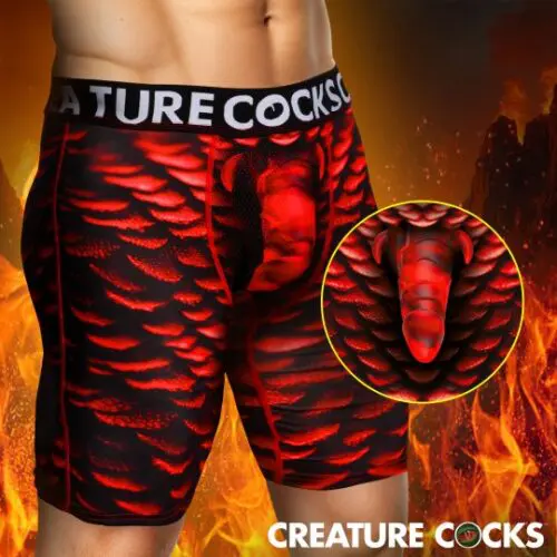 Red and black boxer briefs with a creature design and bold waistband text.