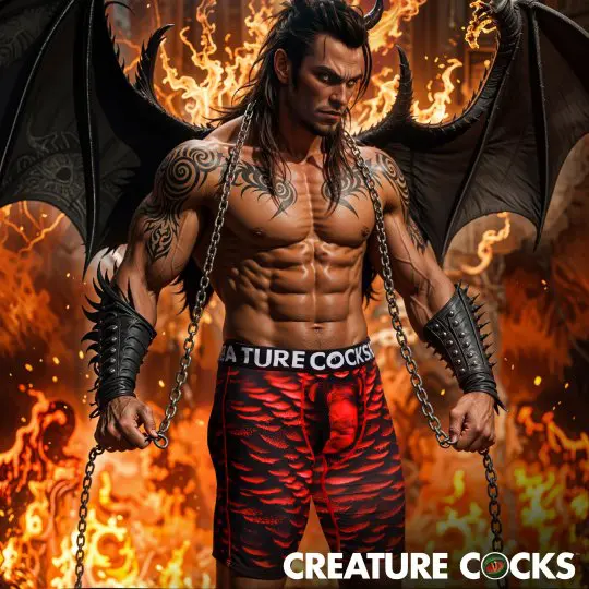Muscular man with dragon wings and fiery background.