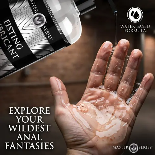A hand with lubricant and a bottle labeled 'Relaxing Anal.'