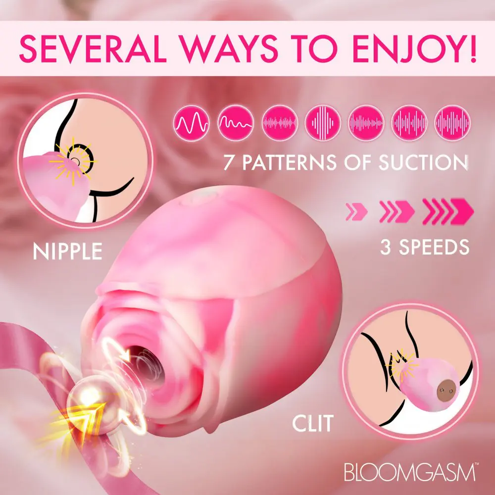 Illustration showing various ways to use a pink adult toy with 7 vibration patterns and 3 speeds.