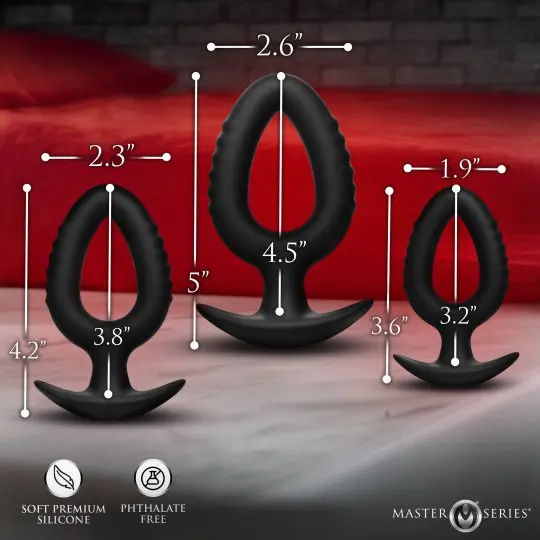 Three black silicone plugs with base and size measurements displayed.