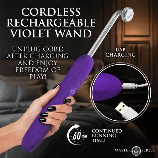 Cordless rechargeable violet wand with USB charging and multiple attachments.