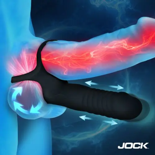 Illustration of a red, illuminated penis with a black cock ring.