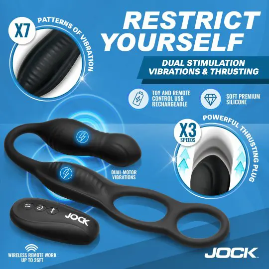 Black dual-stimulation vibrating ring with remote control for enhanced pleasure.