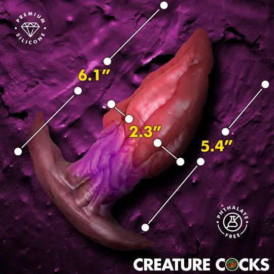 Close-up of a purple creature with measurements marked on its body parts.