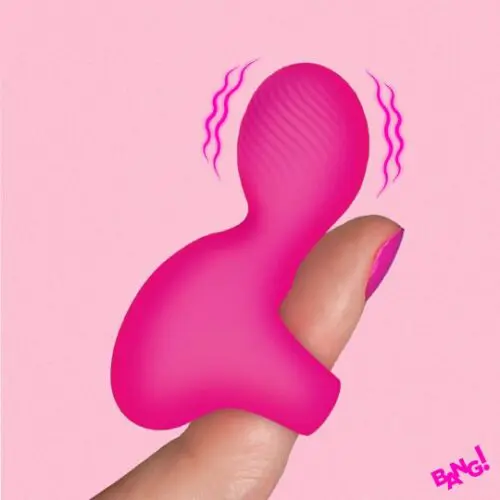 Pink vibrating finger attachment on a thumb.