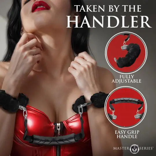 Elegant red leather harness with wrist cuffs for sophisticated restraint.