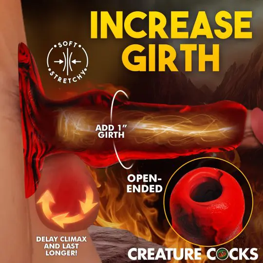A textured, red device labeled for increasing girth with an open-ended design.