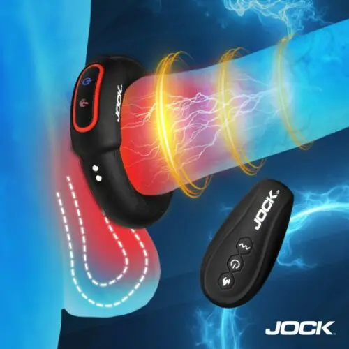 Wireless muscle stimulator with remote control for leg muscles.