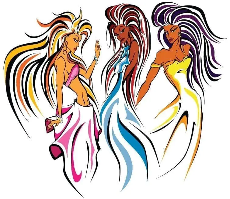 Three stylized female figures with flowing hair and colorful dresses engaging in a dance or conversation.