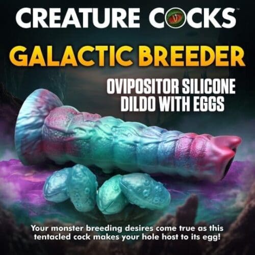 Blue and pink silicone dildo with eggs.
