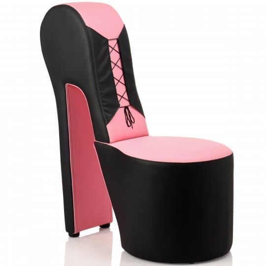 Pink and black high heel chair.