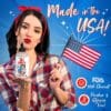 Woman holding US flag and lubricant bottle.