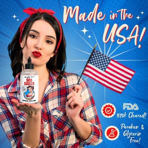 Woman holding US flag and lubricant bottle.