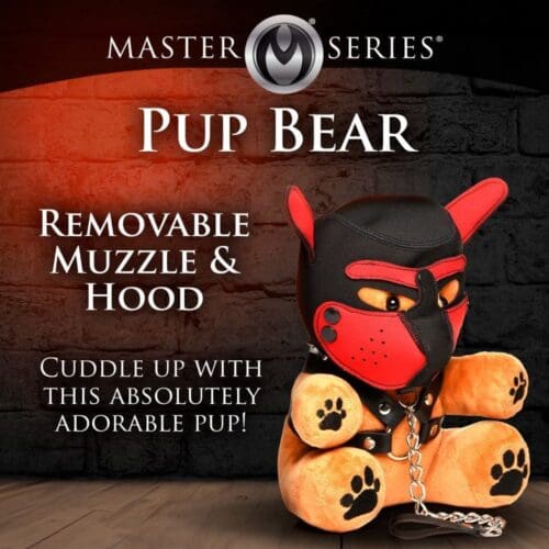Plush pup bear with muzzle and hood.