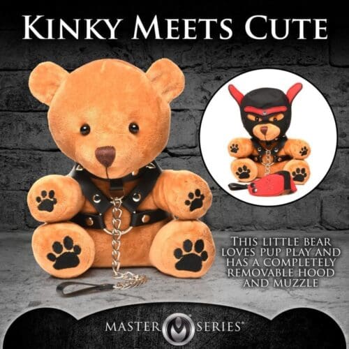 Brown teddy bear with leather harness and chain.