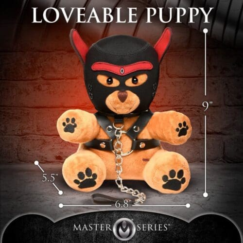 Brown plush puppy wearing black mask and collar.