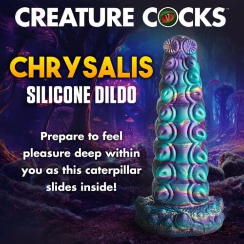 Green and purple caterpillar silicone dildo.