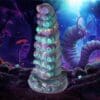 Purple and green creature in fantasy forest.
