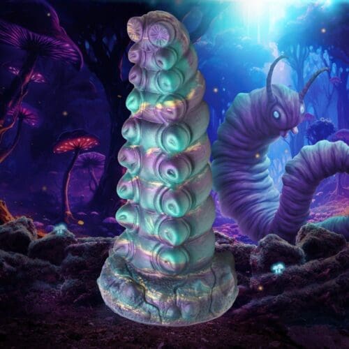 Purple and green creature in fantasy forest.