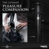 Black handheld massager with dimensions and weight.