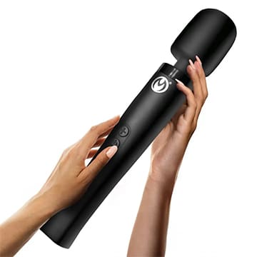 A black handheld massager with buttons.