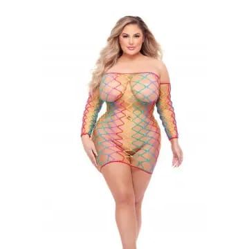 A woman wearing a rainbow mesh dress.