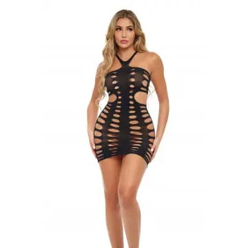A woman wearing a black cut-out dress.