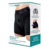 Black boxer briefs with harness and dildo.