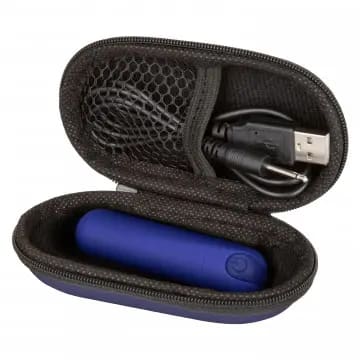 Blue vibrating massager in a carrying case.