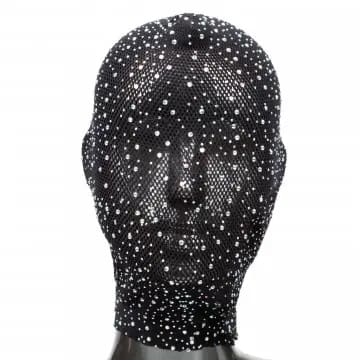 Black rhinestone mesh face mask on a mannequin.