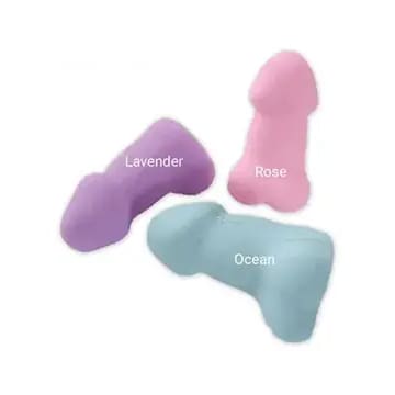 Three colorful penis-shaped bath bombs.