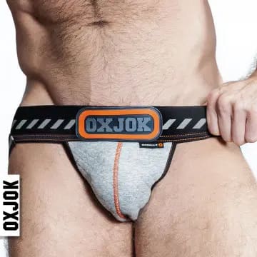 Gray jockstrap with orange accents and logo.