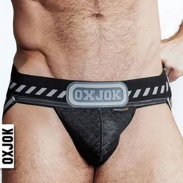 Black jockstrap with reflective stripes and logo.