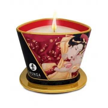A red candle with a Japanese design.
