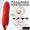 Red vibrating pleasure device with multiple speeds.